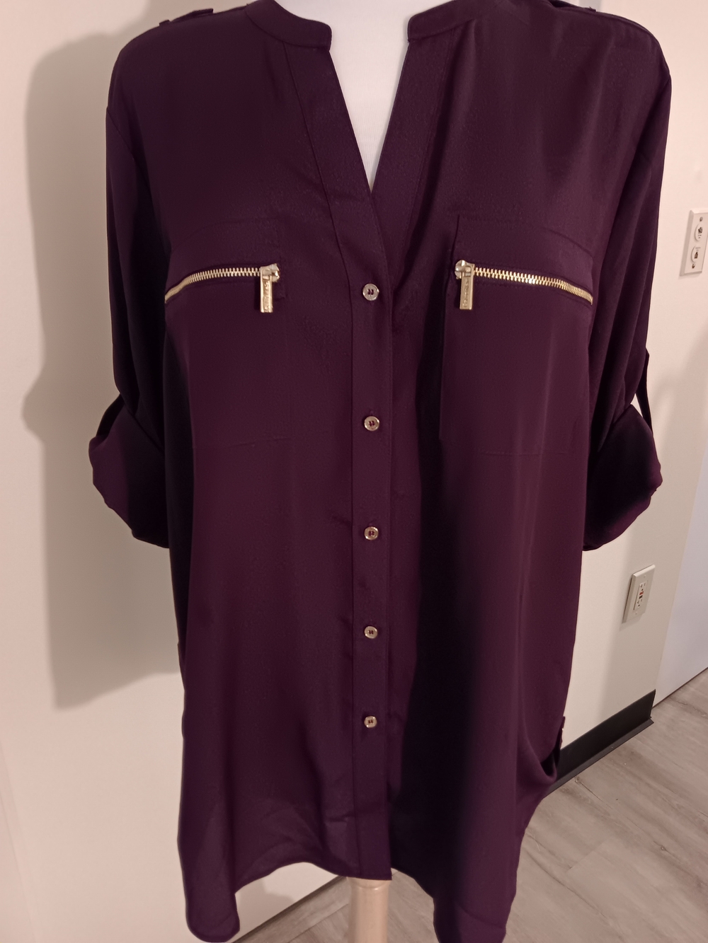 Calvin Klein Plum Button-Front Blouse with Gold Zipper Pockets